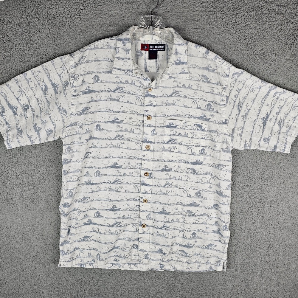 Reel Legends Shirt Mens Large Geometric Button Down Hawaiian Floral Performance